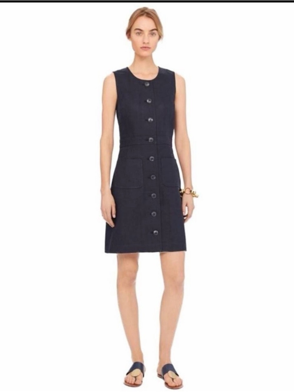 Tory Burch Navy Linen Button-Front Midi Dress Size 2